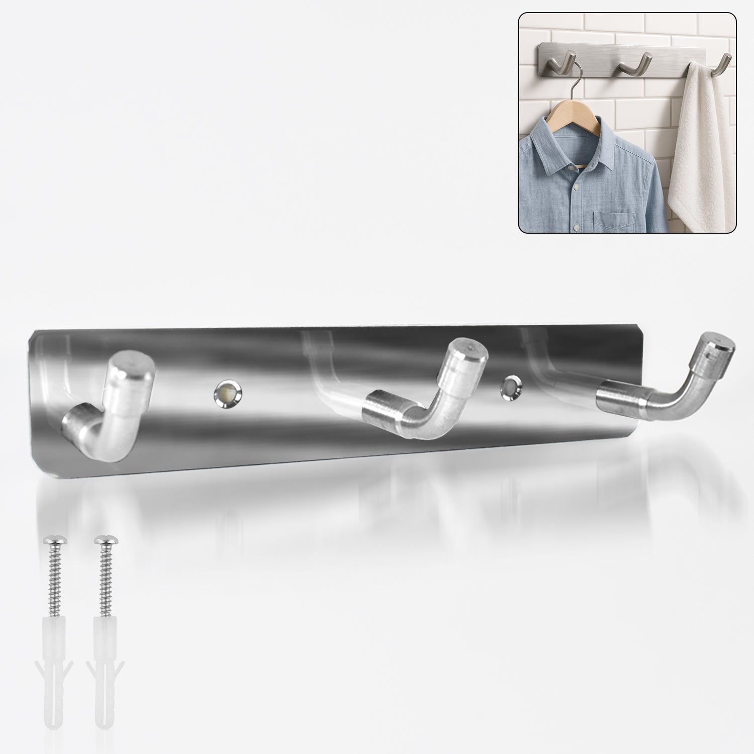Stainless Steel Wall Mounted Coat 3 Hook Rack (14x3 / 1 Pc) Stainless Steel Wall Mounted Coat 3 Hook Rack (14x3 / 1 Pc)